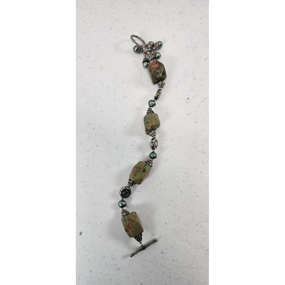 Unakite Gemstone‎ Beaded Bracelet With a Silver Tone Toggle Clasp
